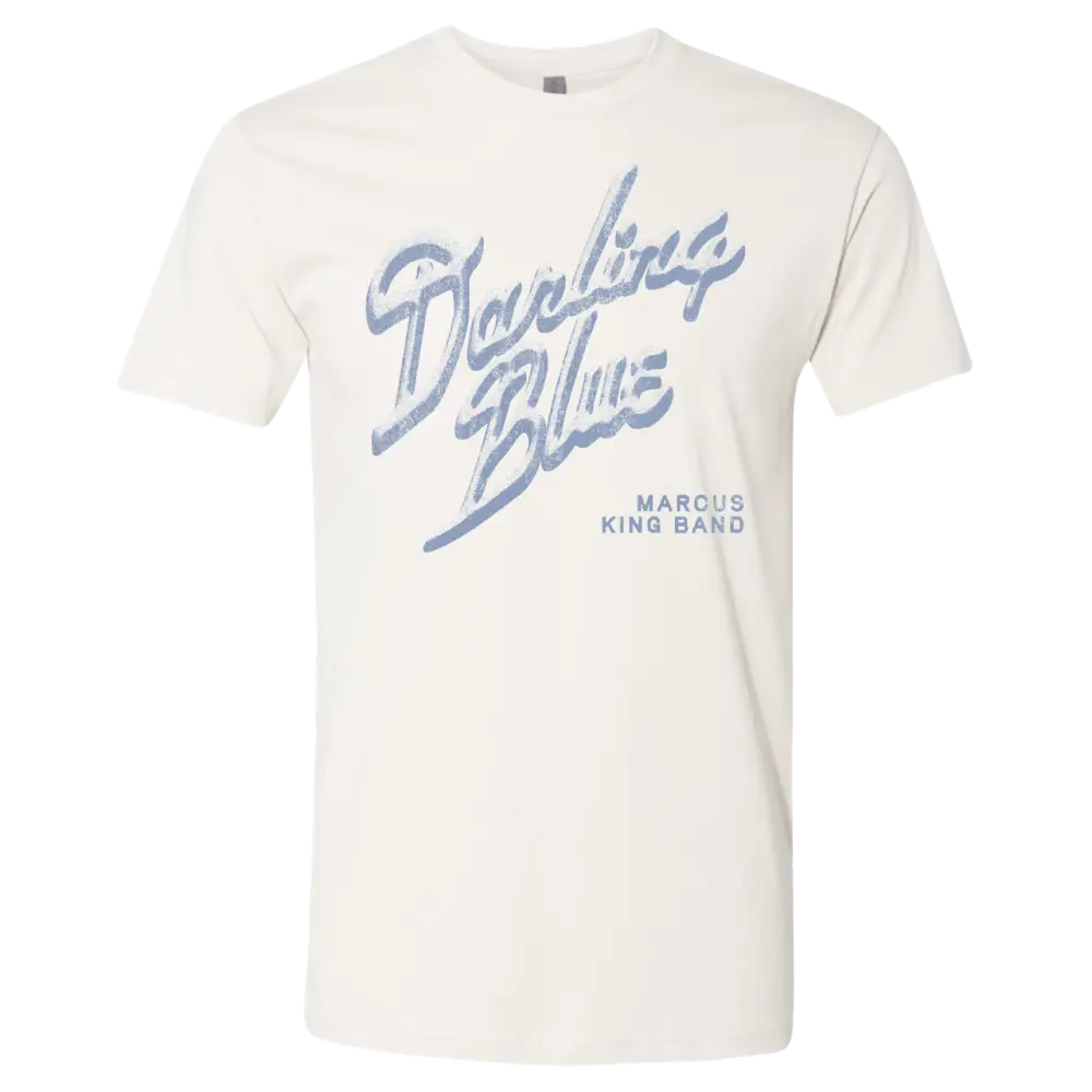 White t-shirt with blue text 'Darling Blues' on a white background