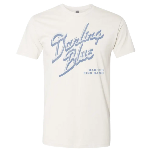 White t-shirt with blue text 'Darling Blues' on a white background