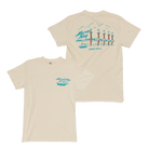 Beige t-shirt with a teal coastal design featuring piers or docks printed on the back.