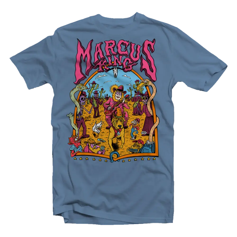 Blue t-shirt with colorful graphic.