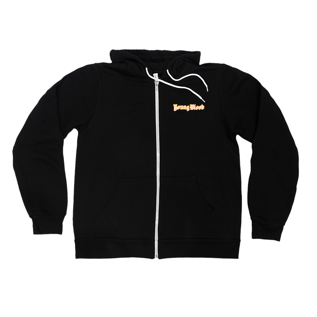 Black zip-up hoodie with ’Jimmy Woo’ text in orange on the chest.