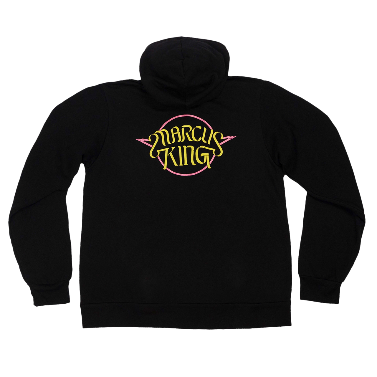 Black turtleneck sweater with a colorful ’Marcus King’ logo on the chest.