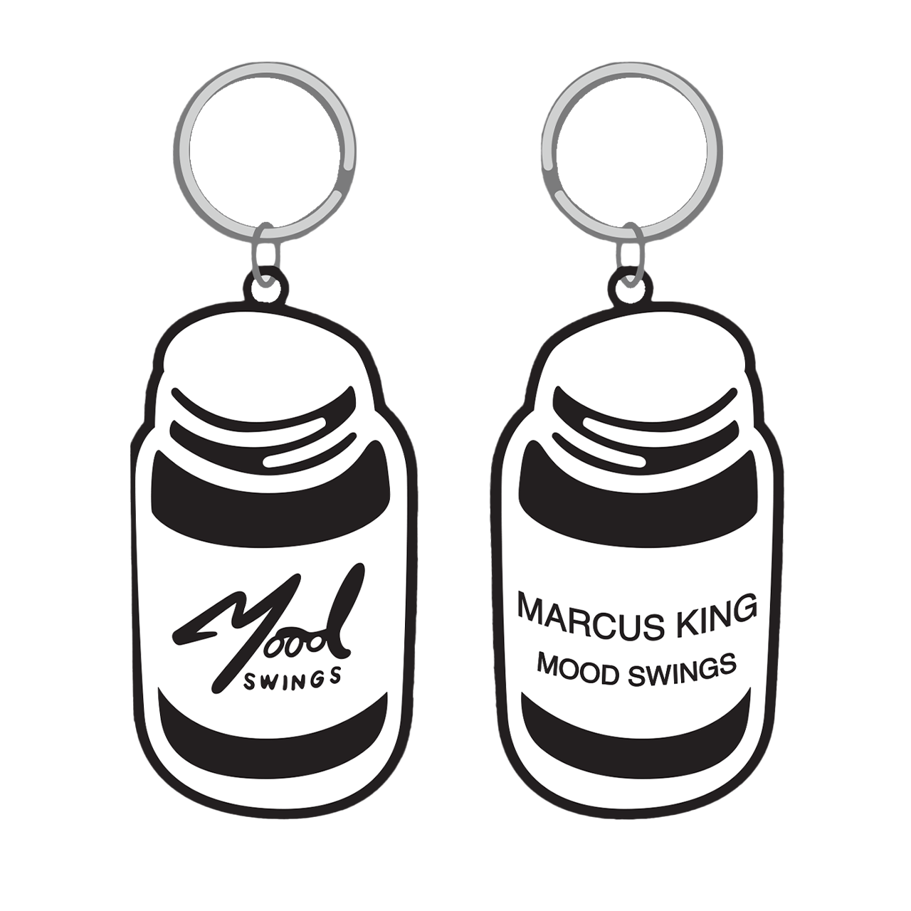 Two keychain pendants shaped like pill bottles labeled ’Mood Swings’.