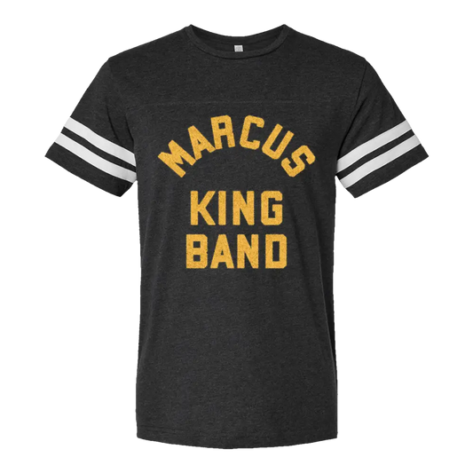 Black t-shirt with white stripes on sleeves.