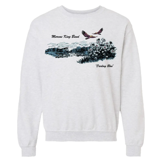 White sweatshirt with nature-themed graphic and text on a white background