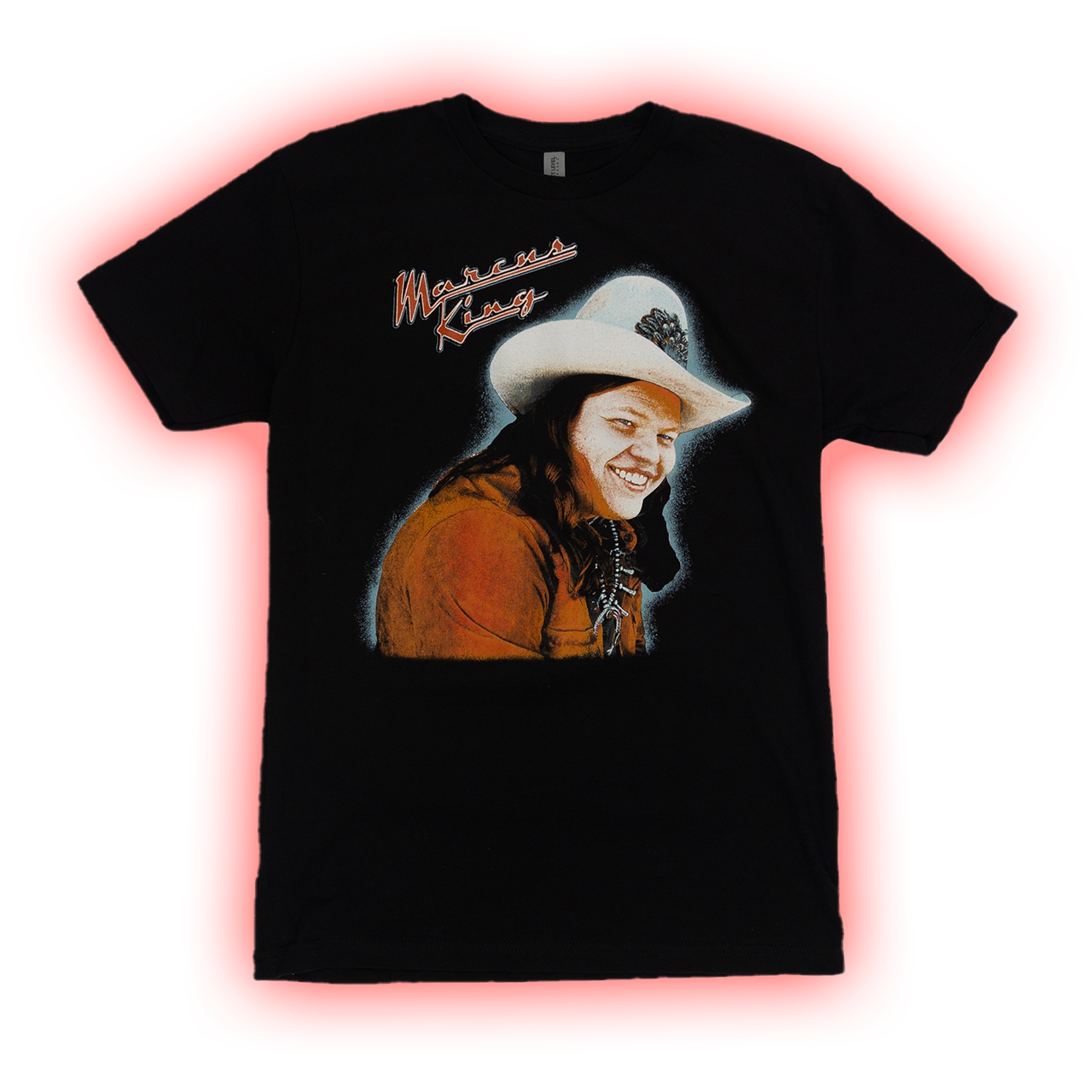 Black t-shirt featuring a portrait of a smiling person wearing a cowboy hat and orange shirt.