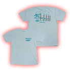 Light blue t-shirt with a coastal-themed graphic design on the front and back.