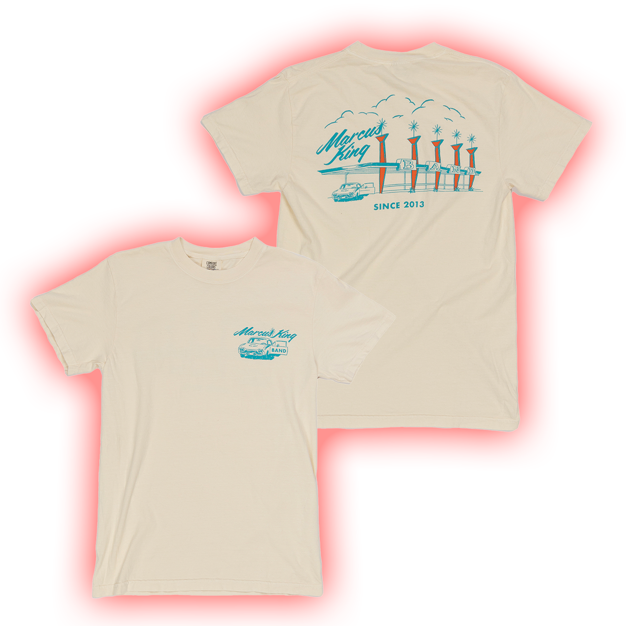 Beige t-shirt with a blue coastal-themed graphic design on front and back.