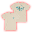 Beige t-shirt with a blue coastal-themed graphic design on front and back.