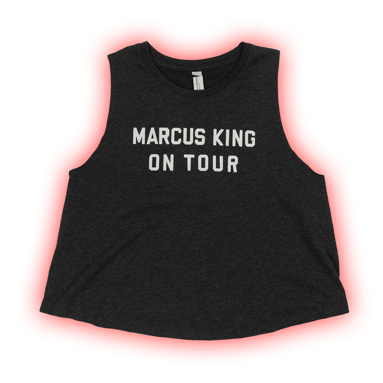 Black sleeveless crop top with ’MARCUS KING ON TOUR’ printed in white text.