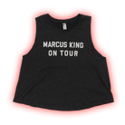 Black sleeveless crop top with ’MARCUS KING ON TOUR’ printed in white text.