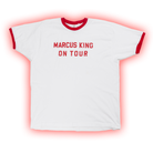 White t-shirt with red trim and ’MARCUS KING ON TOUR’ text in red letters.