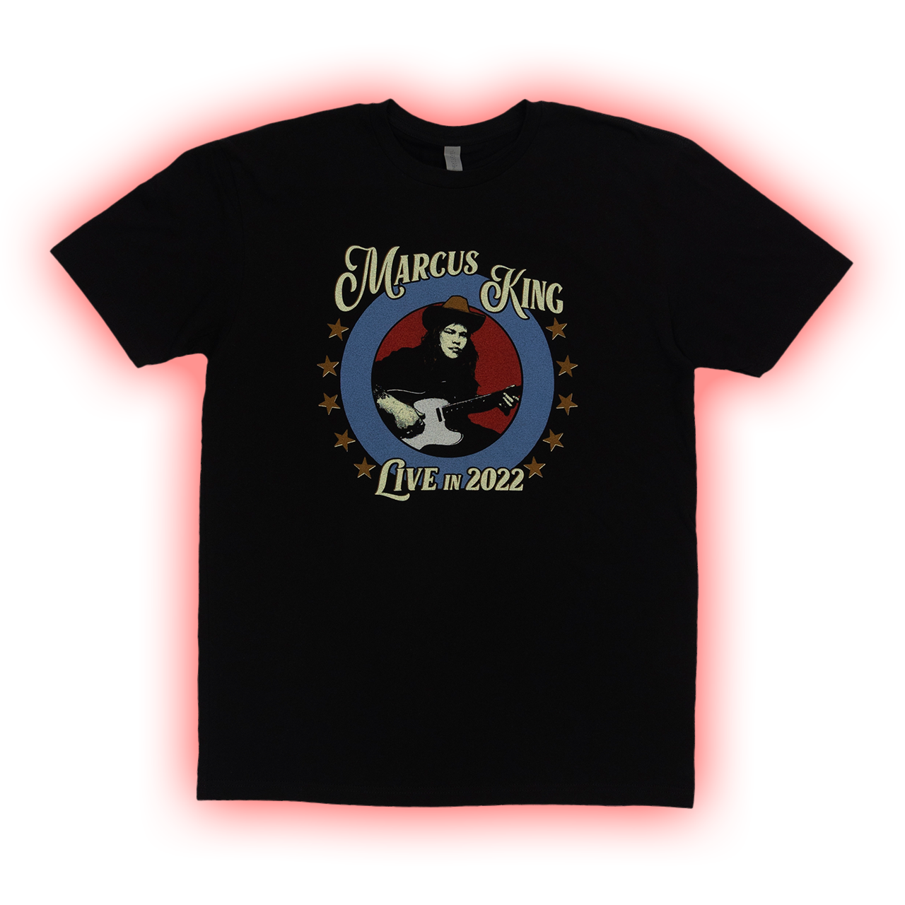 Black t-shirt featuring a circular design with ’Marcus King Live in 2022’’ text and an illustration of a guitarist.