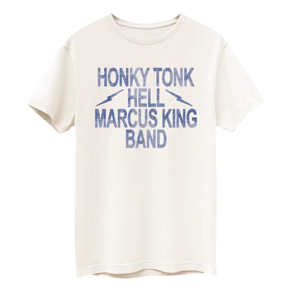 Cream-colored cotton t-shirt featuring a distressed blue graphic that reads ’honky tonk hell marcus king band’ with lightning bolt accents.
