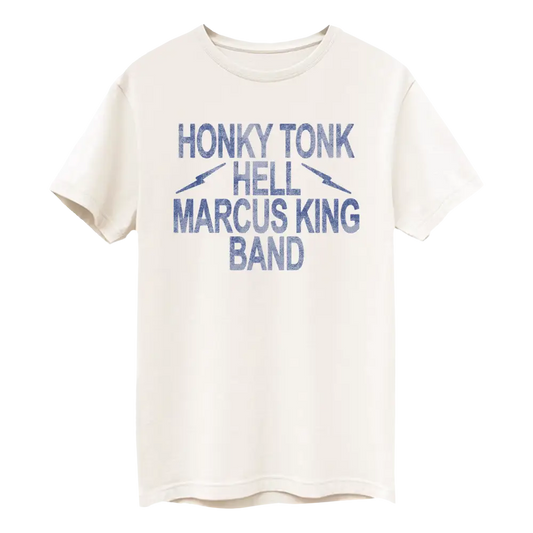 Cream-colored cotton t-shirt featuring a distressed blue graphic that reads ’honky tonk hell marcus king band’ with lightning bolt accents.
