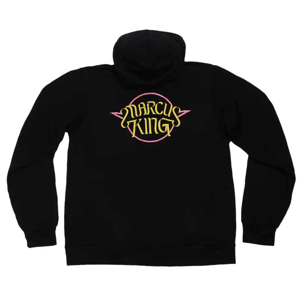 Black turtleneck sweater with a colorful ’Marcus King’ logo on the chest.