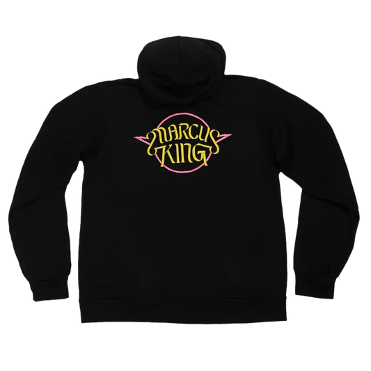 Black turtleneck sweater with a colorful ’Marcus King’ logo on the chest.