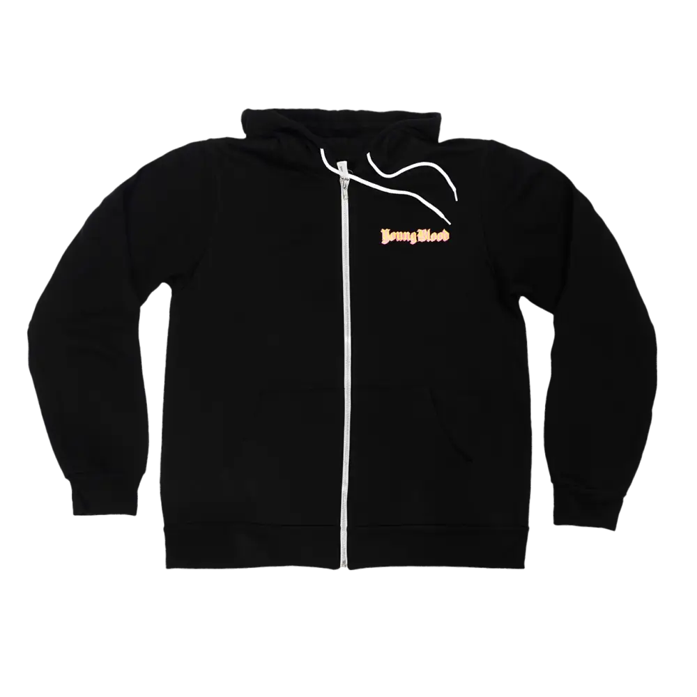 Black zip-up hoodie with ’Jimmy Woo’ text in orange on the chest.