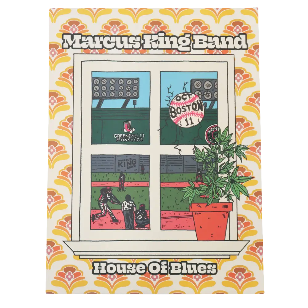 Marcus king band album cover featuring a stylized window view of a baseball game with a potted plant in the corner.