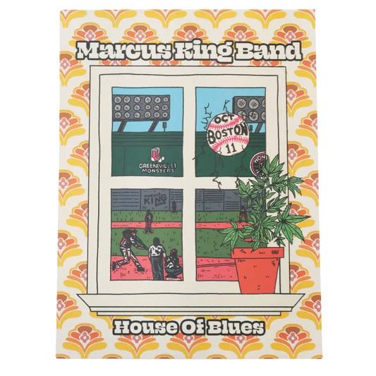 Marcus king band album cover featuring a stylized window view of a baseball game with a potted plant in the corner.