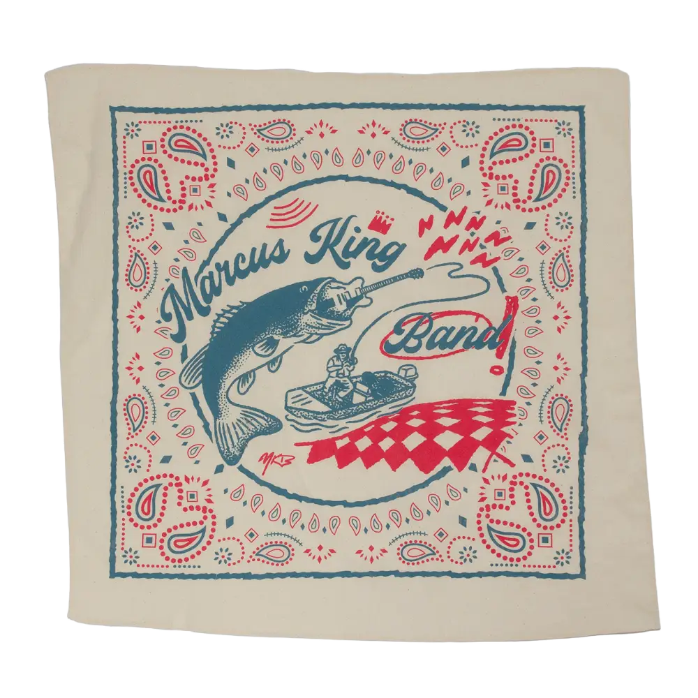 Decorative bandana featuring a fish-themed design with ’Marcus King Band’ text.