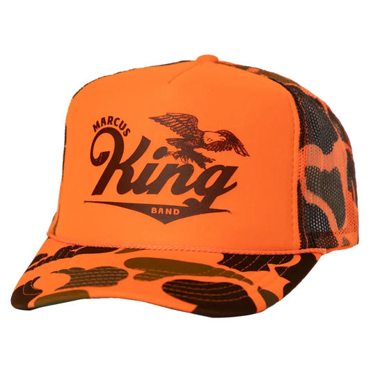 Orange and camouflage trucker hat.