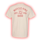 Beige t-shirt with red ’Marcus King Band’ text and logo design.