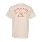 Beige t-shirt with ’Marcus King Band’ printed on the back in red lettering.