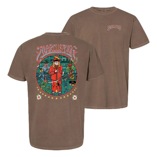 Brown graphic t-shirt.