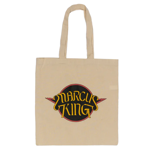 Canvas tote bag with a ’Marcus King’ logo printed on it.