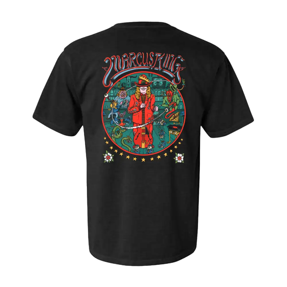 Black t-shirt with a colorful psychedelic design featuring a wizard-like figure on the back.