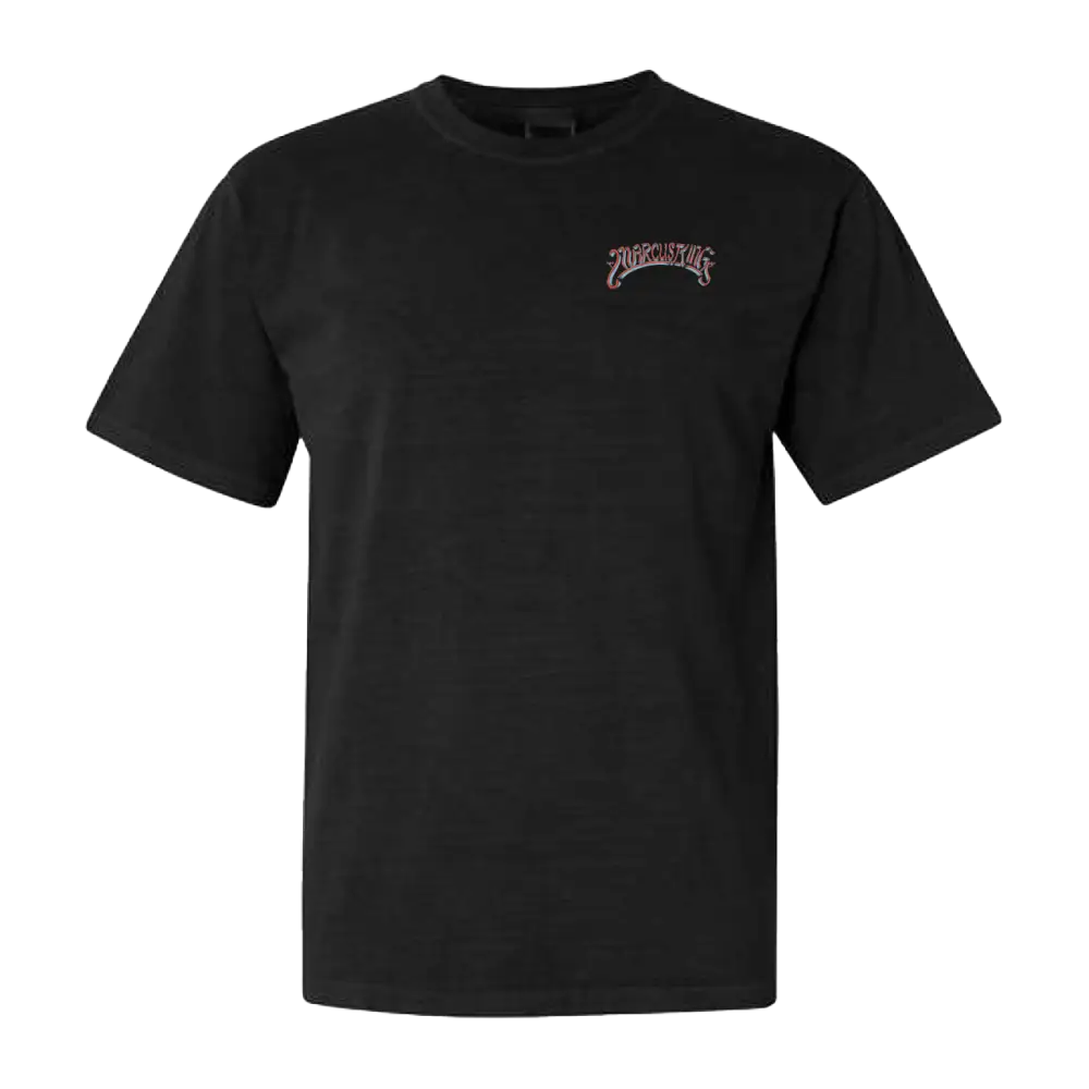 Black t-shirt with a small logo on the chest.