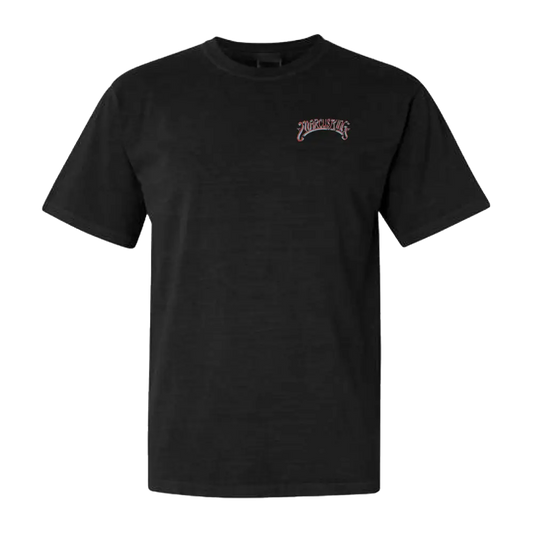 Black t-shirt with a small logo on the chest.