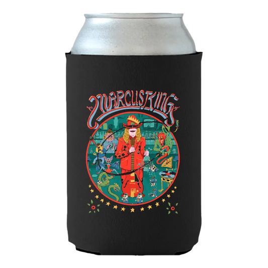 Black can cooler with colorful illustration.