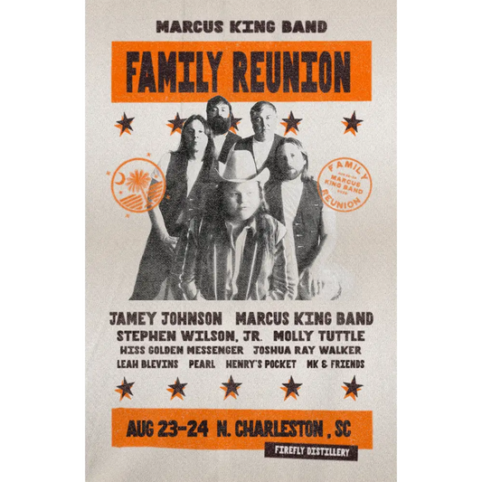 Promotional poster for the Marcus King Band Family Reunion event featuring band members and event details.