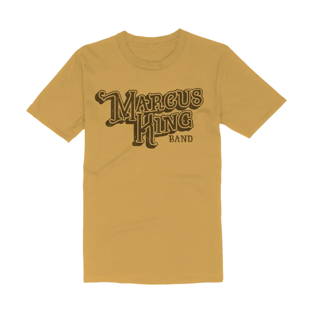 Yellow t-shirt with ’Marcus King Band’ text printed on the front in a stylized retro font.