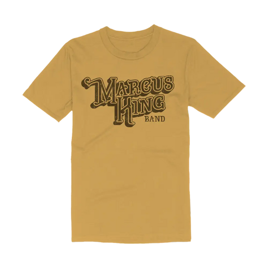 Yellow t-shirt with ’Marcus King Band’ text printed on the front in a stylized retro font.