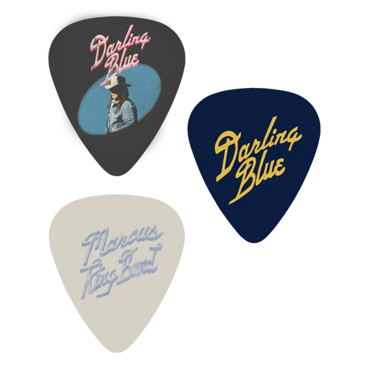 Three guitar picks with 'Darling Blue' branding on a white background