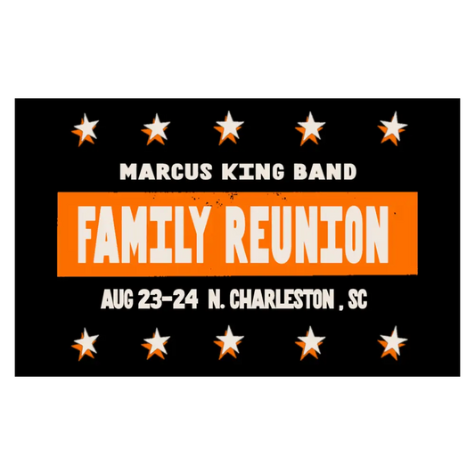 Orange and white graphic poster for the marcus king band’s ’family reunion’ concert.