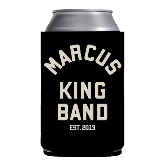 Black can with band logo.