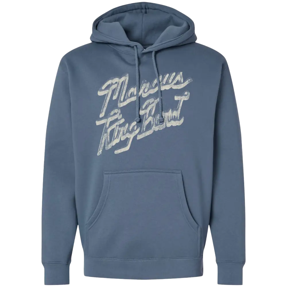 Blue hoodie with white text on a white background