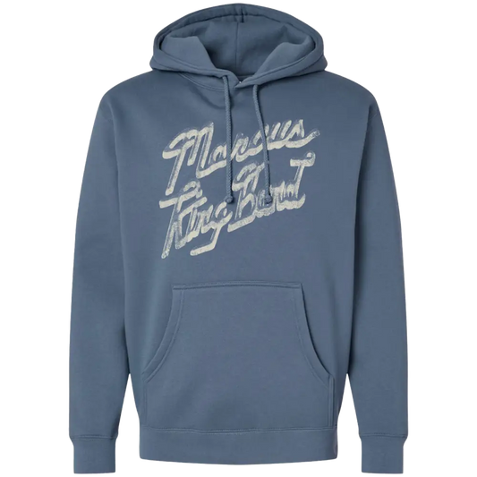 Blue hoodie with white text on a white background