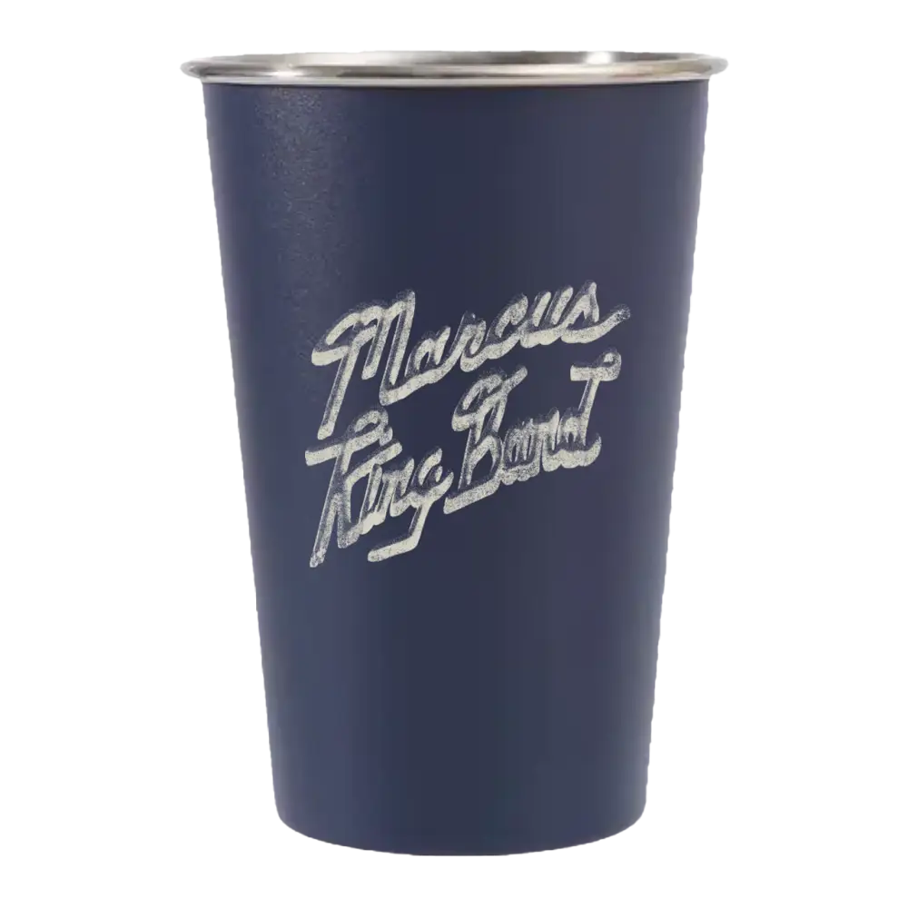 Navy blue cup with white text on a white background