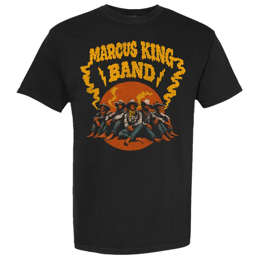 Black t-shirt with 'Marcus King Band' graphic design on a white background