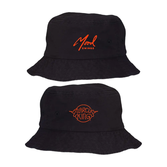 Two black bucket hats with different logo designs embroidered on the front.