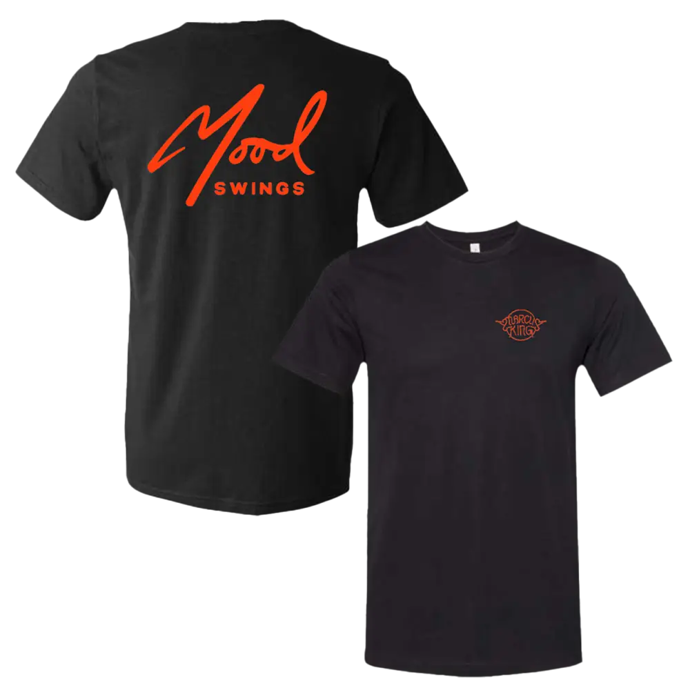 Black t-shirt with ’Mood Swings’ printed in red on the back and a small logo on the front.
