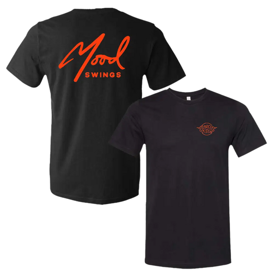 Black t-shirt with ’Mood Swings’ printed in red on the back and a small logo on the front.