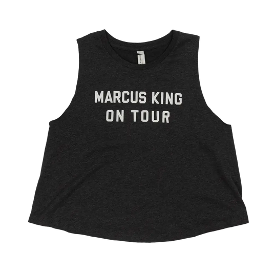 Black sleeveless crop top with ’MARCUS KING ON TOUR’ printed in white text.
