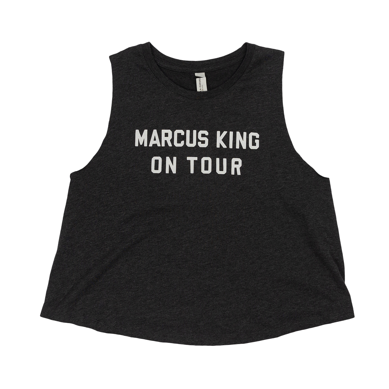 Black sleeveless crop top with ’MARCUS KING ON TOUR’ printed in white text.