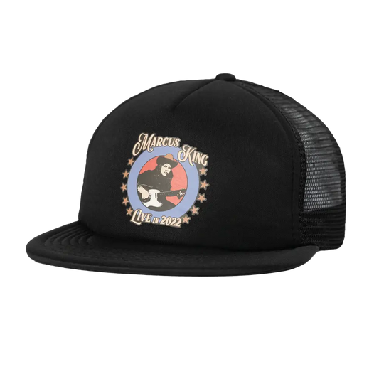 Black trucker hat with a colorful circular logo featuring a guitar player and the text ’Marcus King Live 2022’’.